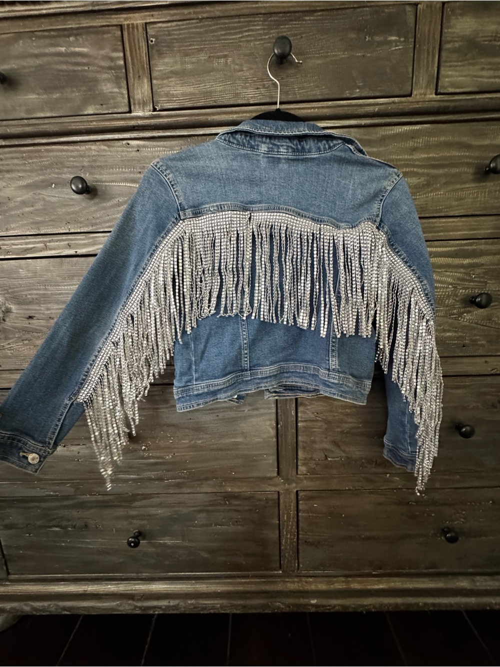 Girls Country Western Jean Denim Jacket with Silver Beaded Fringe- Medium 10-12